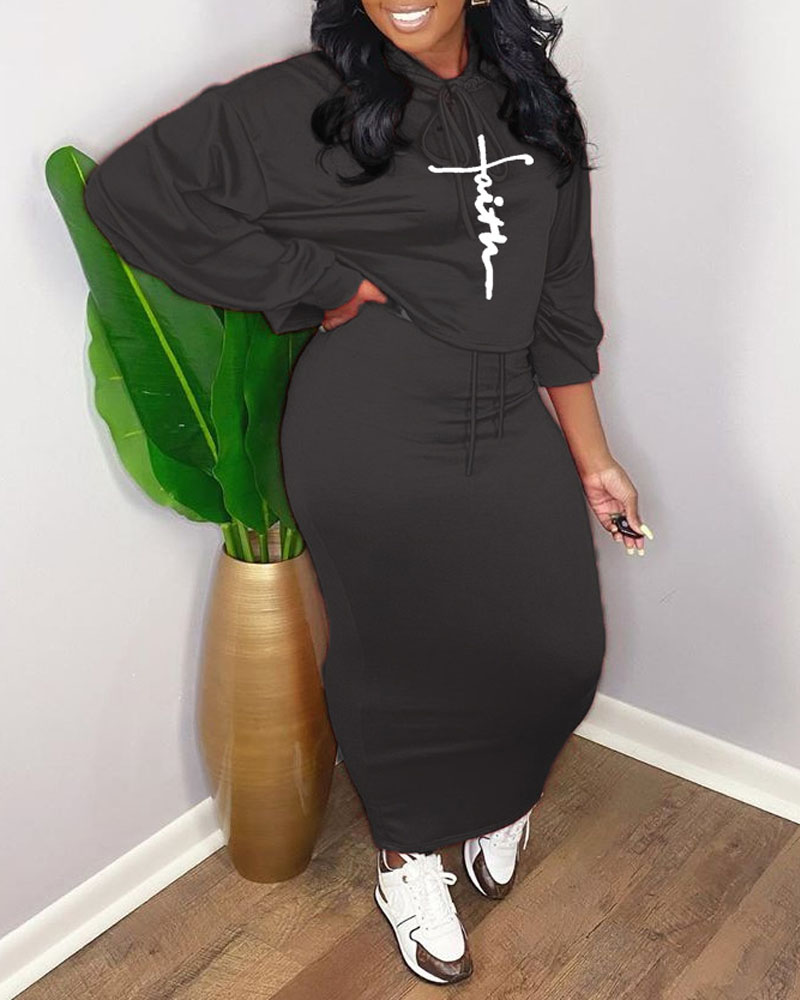 

Letter Print Drawstring Hoodie & Skirt Set, Black