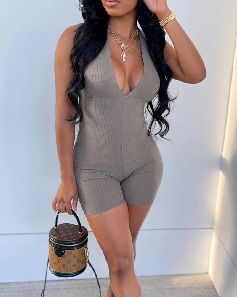 

Ribbed Halter Backless Skinny Romper, Khaki
