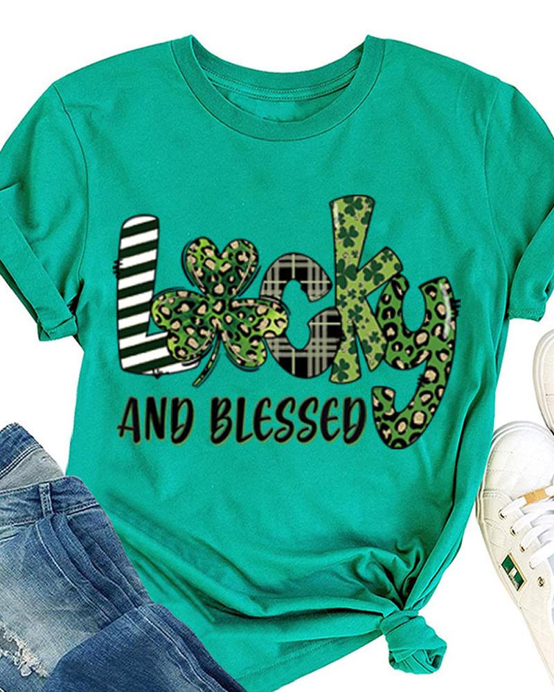 

St. Patrick's Day Letter Clover Print Casual T-shirt, Green