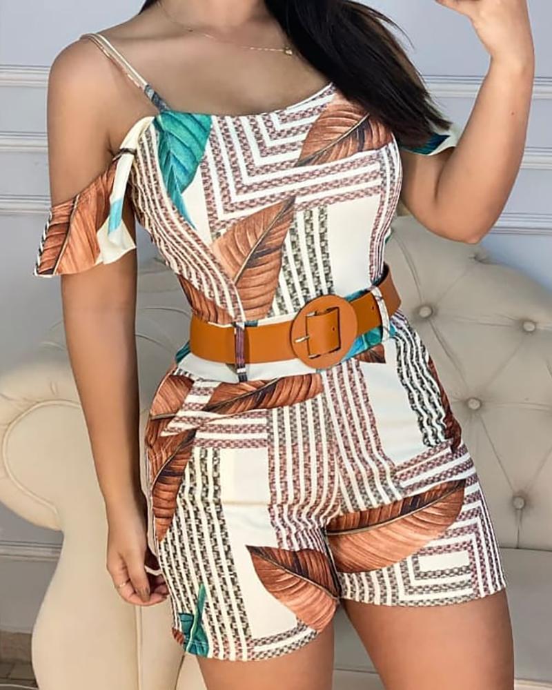 

Tropical Print Cold Shoulder Skinny Romper, White