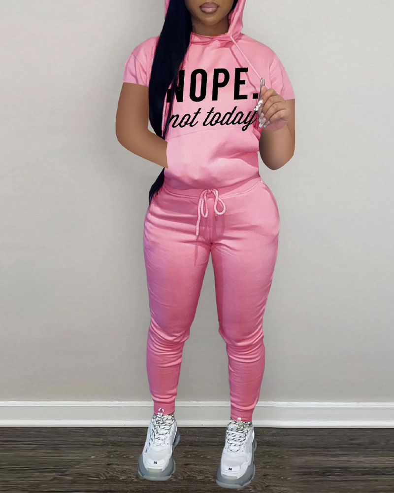 

Letter Print Hooded Top & Drawstring Pants Set, Pink