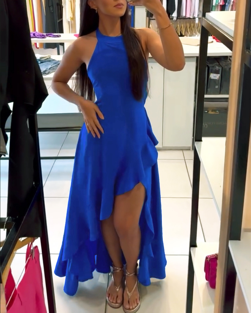 

Vestido longo sem mangas com decote halter e corte A, casual, com babados e fenda lateral, Blue
