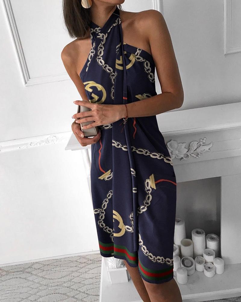 

Chain Print Halter Sleeveless Ruched Design Dress, Purplish blue