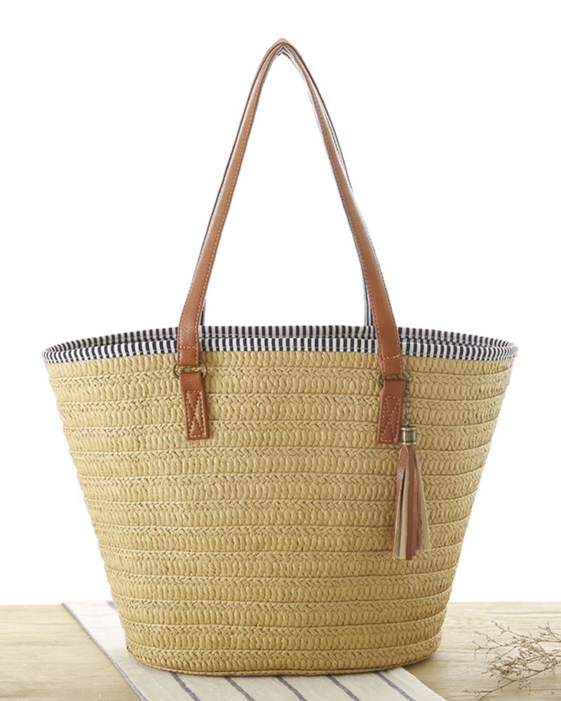 

Top Handle Braided Beach Straw Bag, Light brown