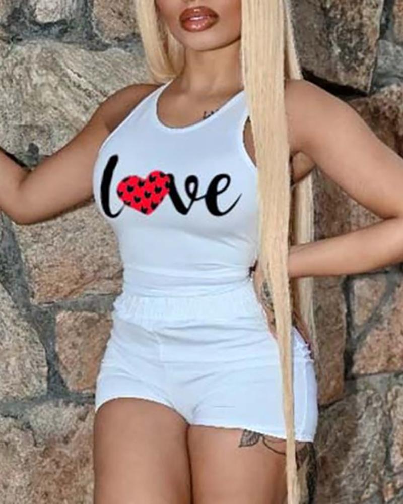 

Letter Print Tank Top & High Waist Shorts Set, White