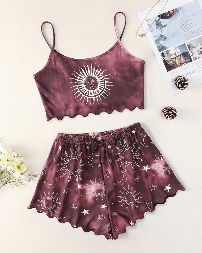 

Tie Dye Sun Moon Star Print Bow Decor Cami Set, Purple