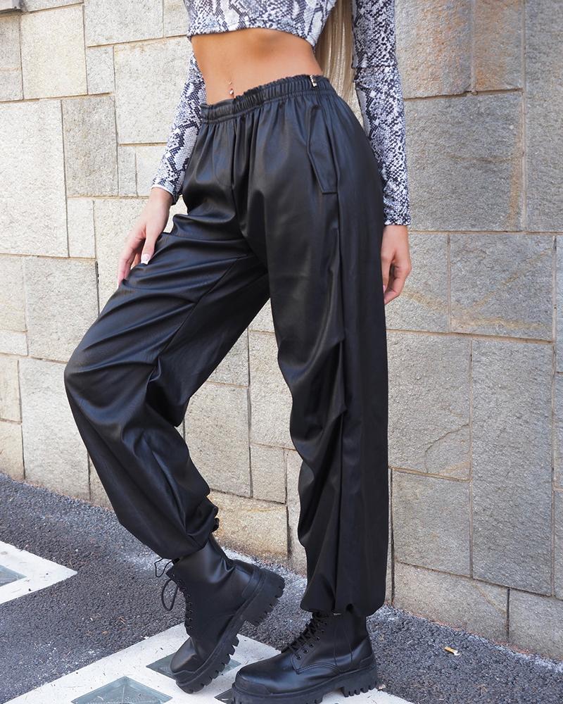 

Pocket Design PU Leather Cuffed Pants, Black