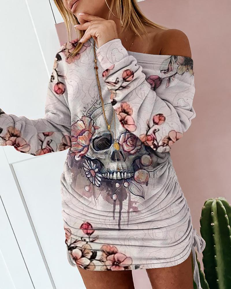 

Halloween Skull Floral Print Drawstring Long Sleeve Dress, Multicolor