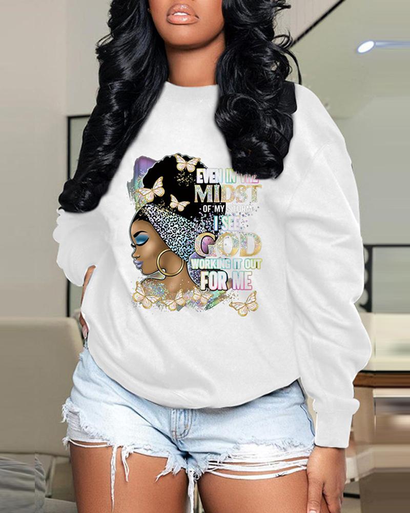 

Plus Size Figure Letter Butterfly Print Long Sleeve Sweatshirt, White