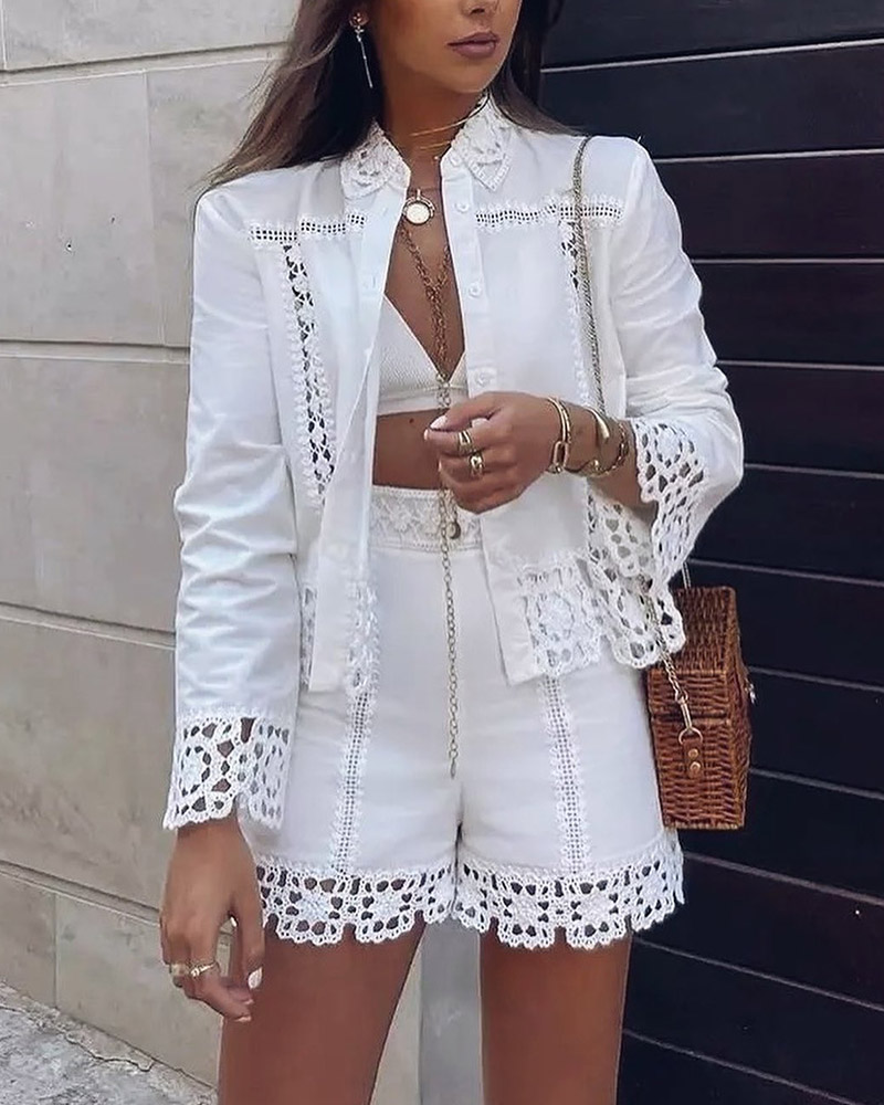 

Contrast Lace Long Sleeve Top & High Waist Shorts Set, White