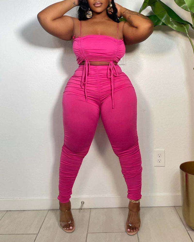 

Drawstring Ruched Crop Cami Top & Pants Set, Hot pink