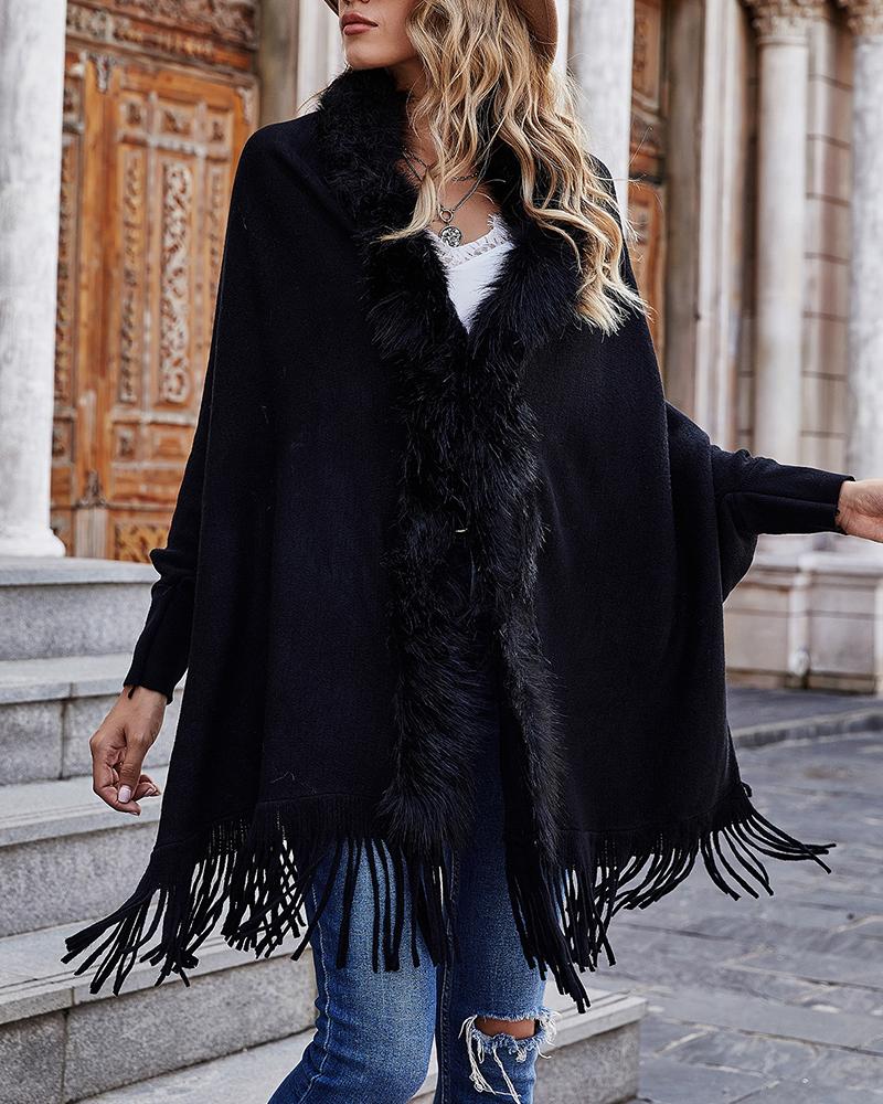 

Open Front Tassel Design Fur Collar Cape Coat, Black