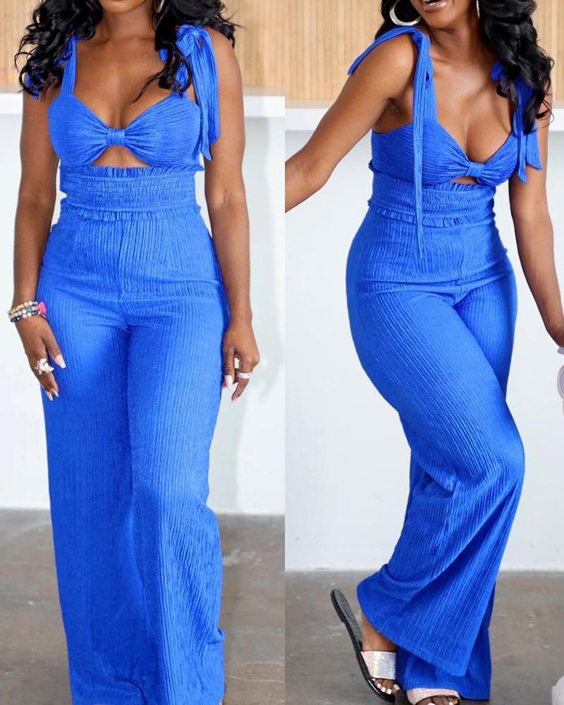 

Tied Detail Cutout Wide Leg Textured Jumpsuit, Blue