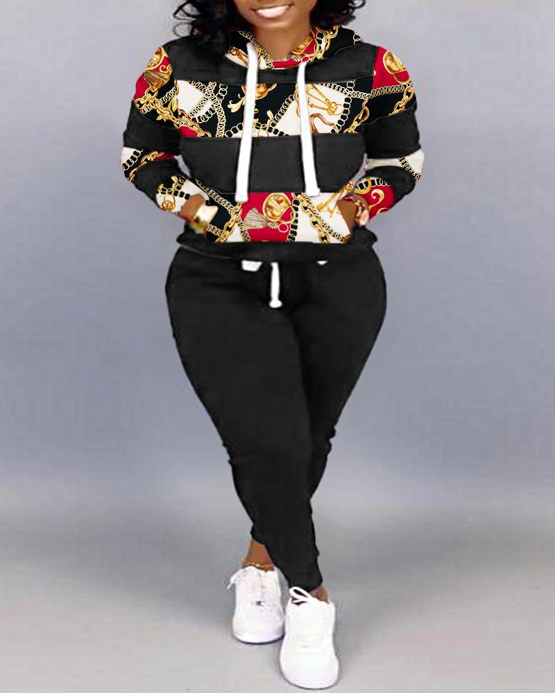 

Plus Size Scarf Chain Print Long Sleeve Top & Pants Set, Black
