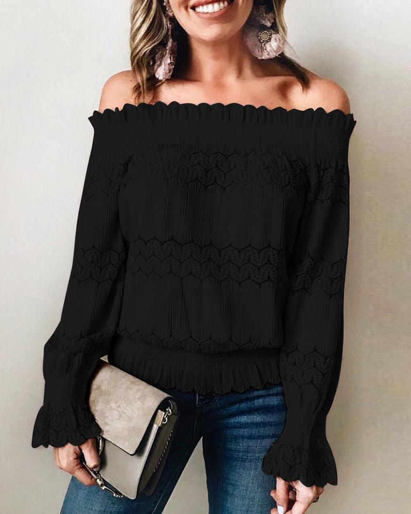 

Off Shoulder Shirring Detail Frill Hem Long Sleeve Top, Black