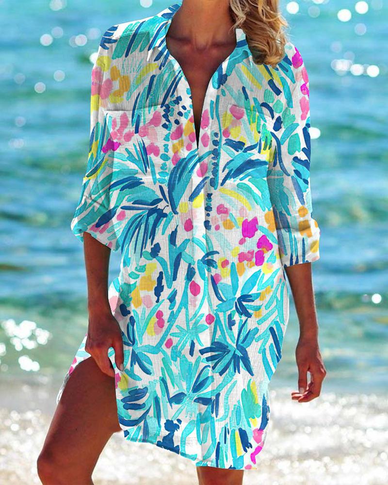 

Plants Print Pocket Design Vacation Top, Multicolor