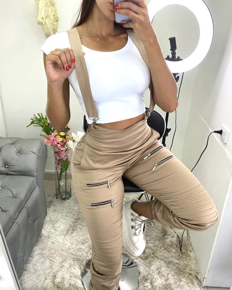 

Zip Pocket Design Solid Suspender Pants, Khaki
