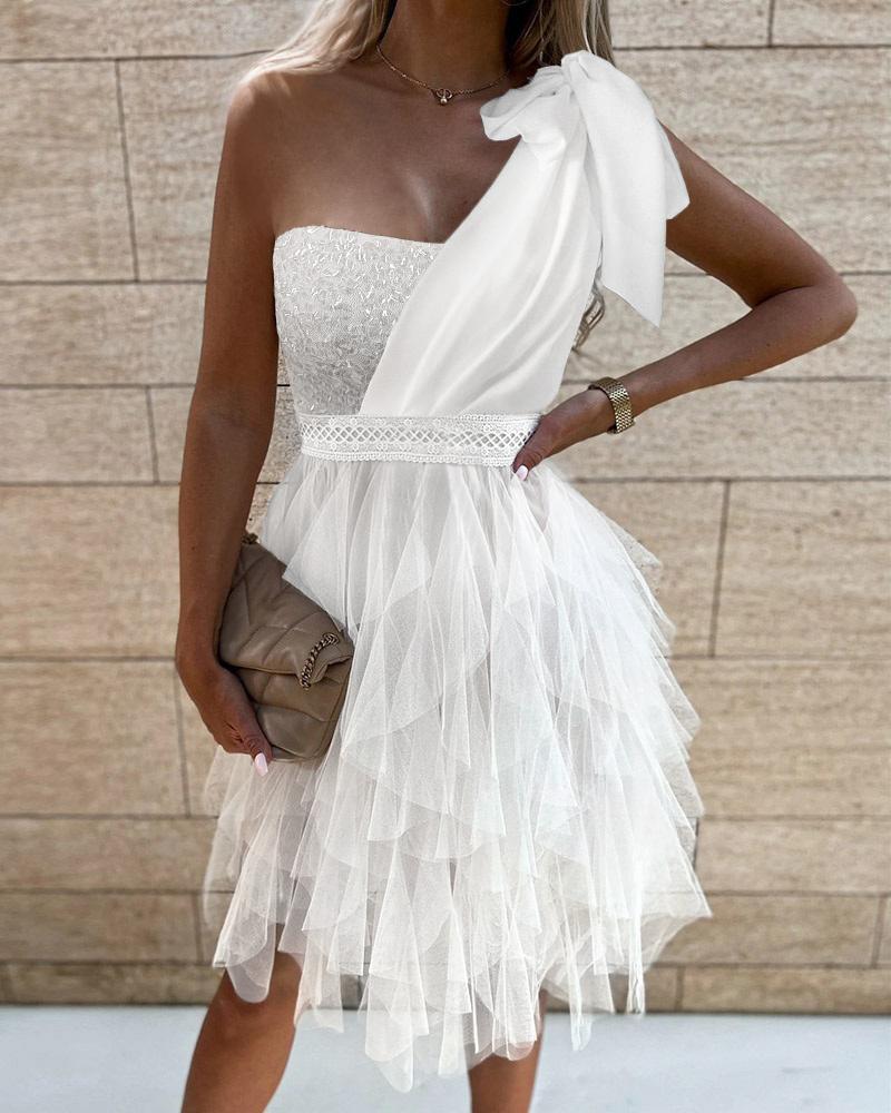 

Tied Detail Sheer Mesh Ruched Party Dress, White