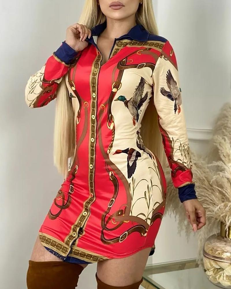 

Animal Scarf Print Buttoned Long Sleeve Shirt Dress, Red