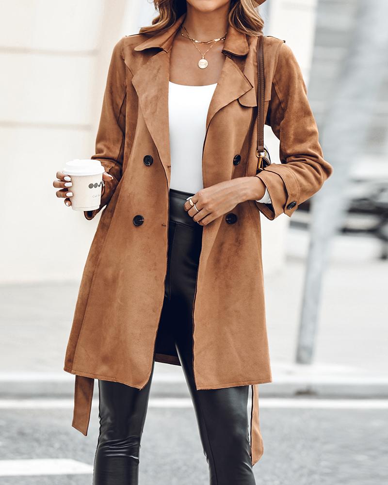 

Casaco trench coat longo trench coat clássico lapela fino sobretudo com cinto, Khaki