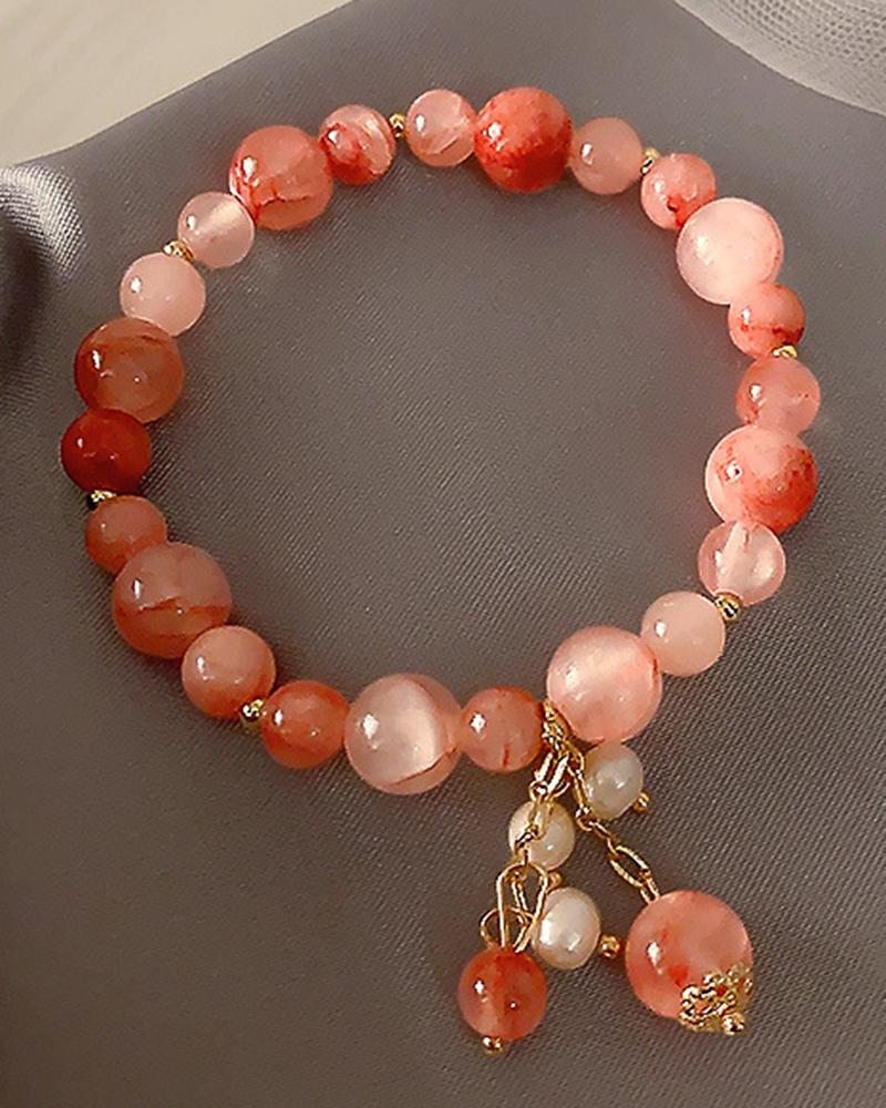 

1pc Natural Crystal Stone Beaded Bracelet, Pink
