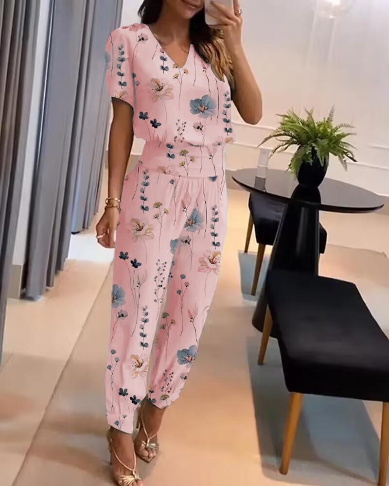 

Floral Print Puff Sleeve Top & High Waist Cuffed Pants Set, Pink