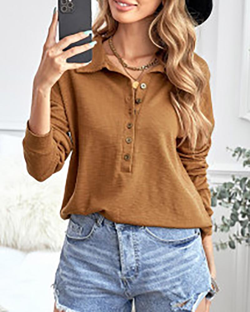 

Button Front Long Sleeve Knit Top, Brown