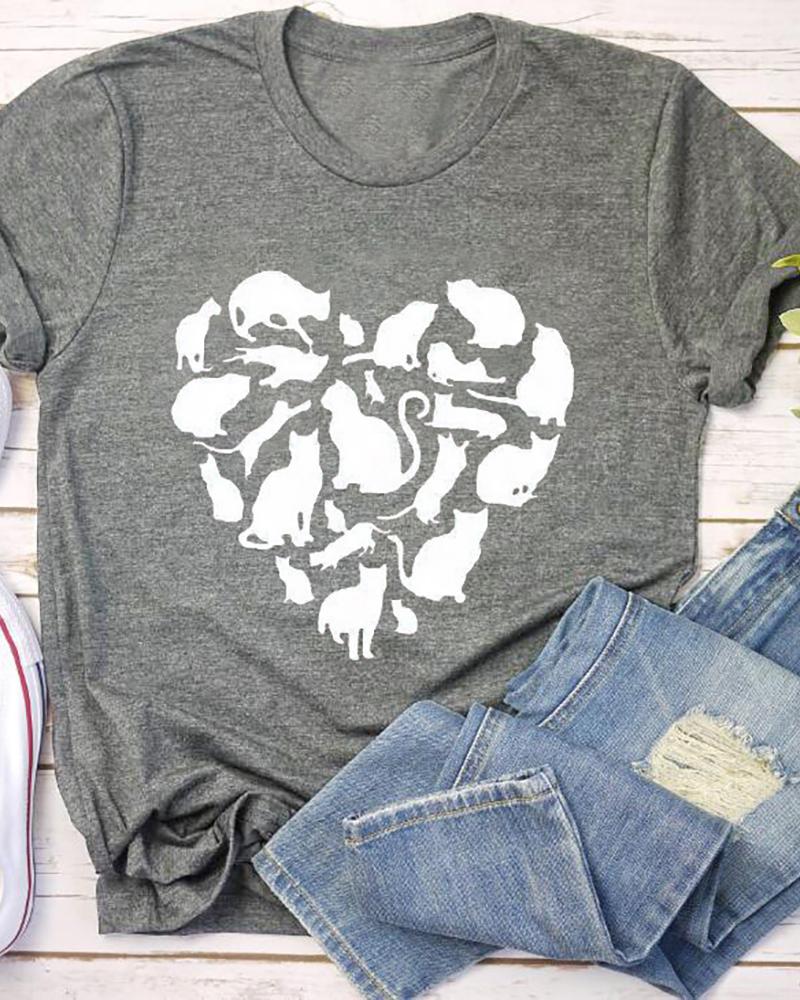 

Valentines Day Heart Cat Print T-shirt, Gray