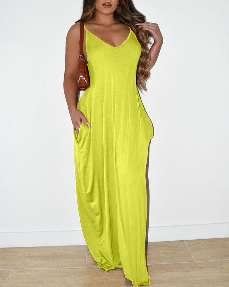 

Pocket Design Ruched Spaghetti Strap Maxi Dress, Yellow