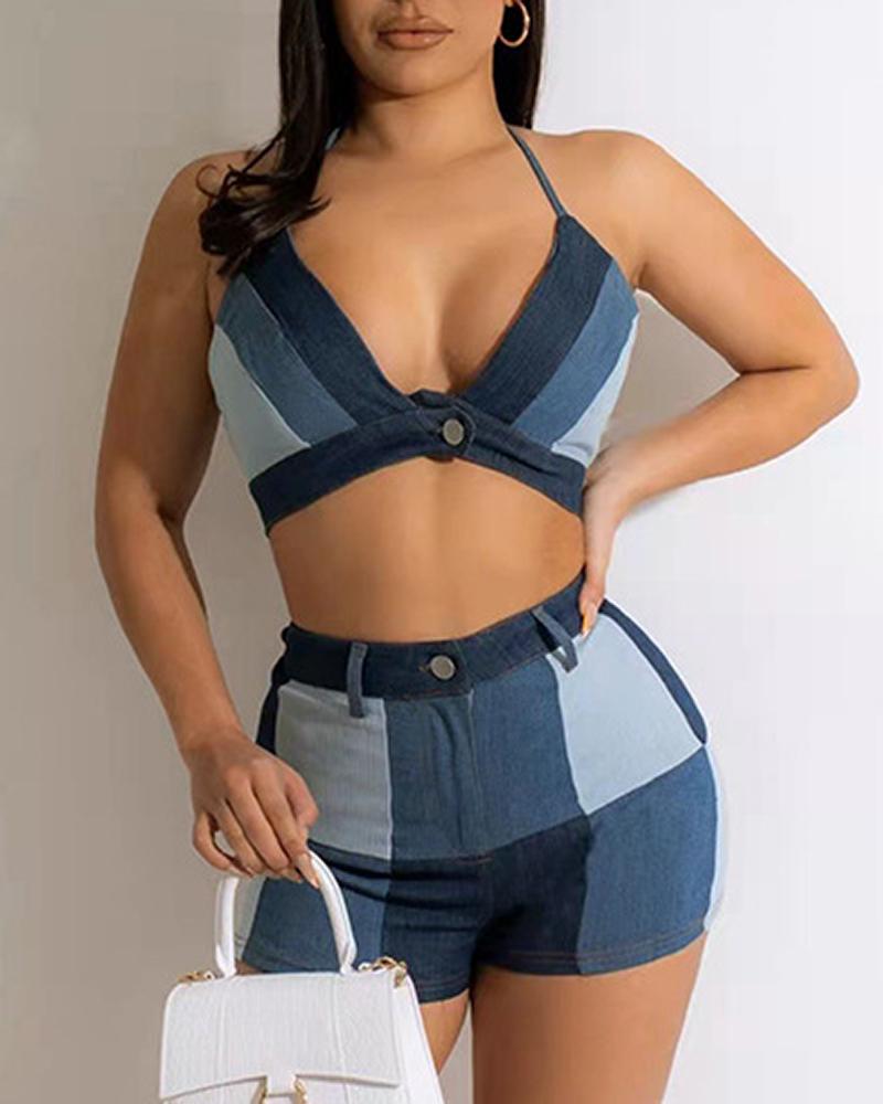 

Halter Plaid Print Backless Top & Shorts Set, Blue