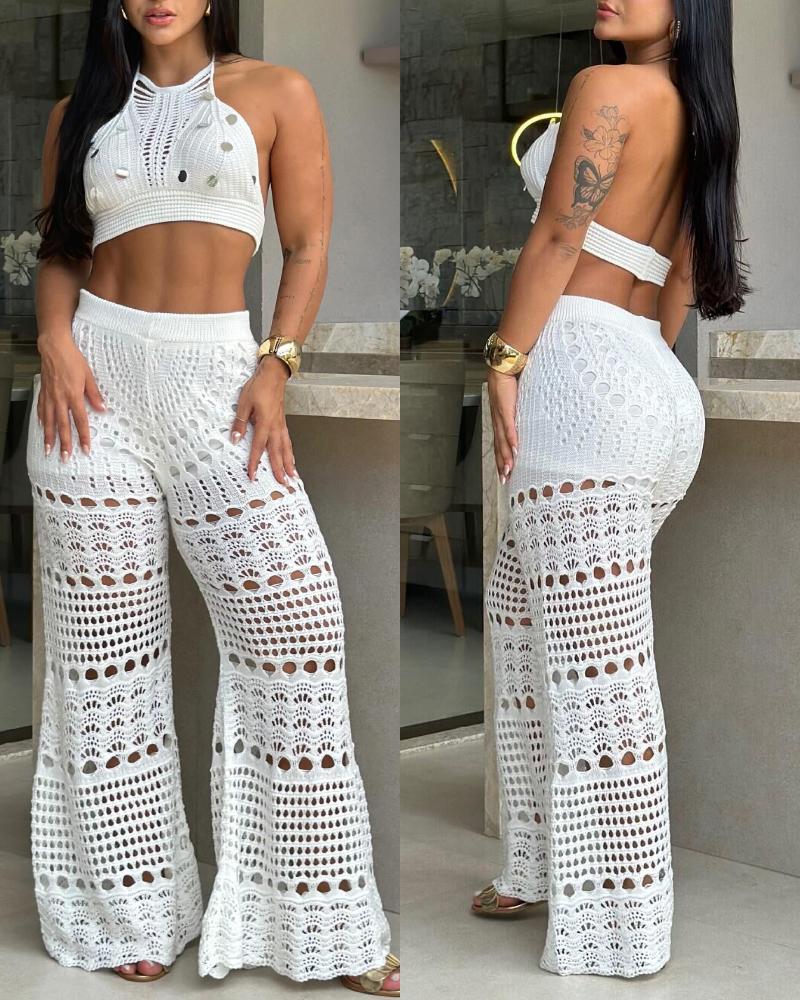 

2 Pieces Halter Sleeveless Crop Top and Casual Hollow-out Loose Fit Pants Set, White