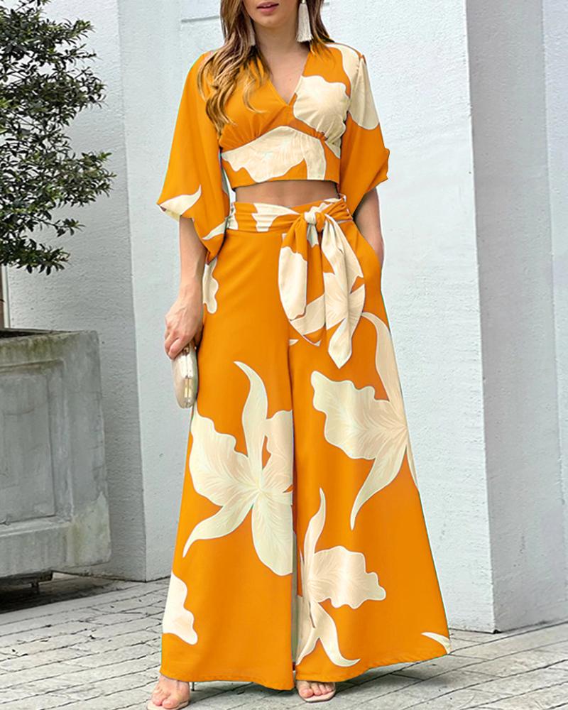 

Tropical Print Crop Top & Wide Leg Bootcut Pants Set, Orange