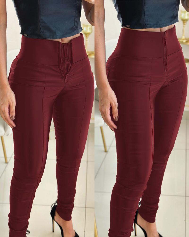 

High Waist Zipper Closure Front with Anti-Pinch Inner Lining Double-layer Tummy Control PU Leather Pants Fleece Lined Tights, Wine red