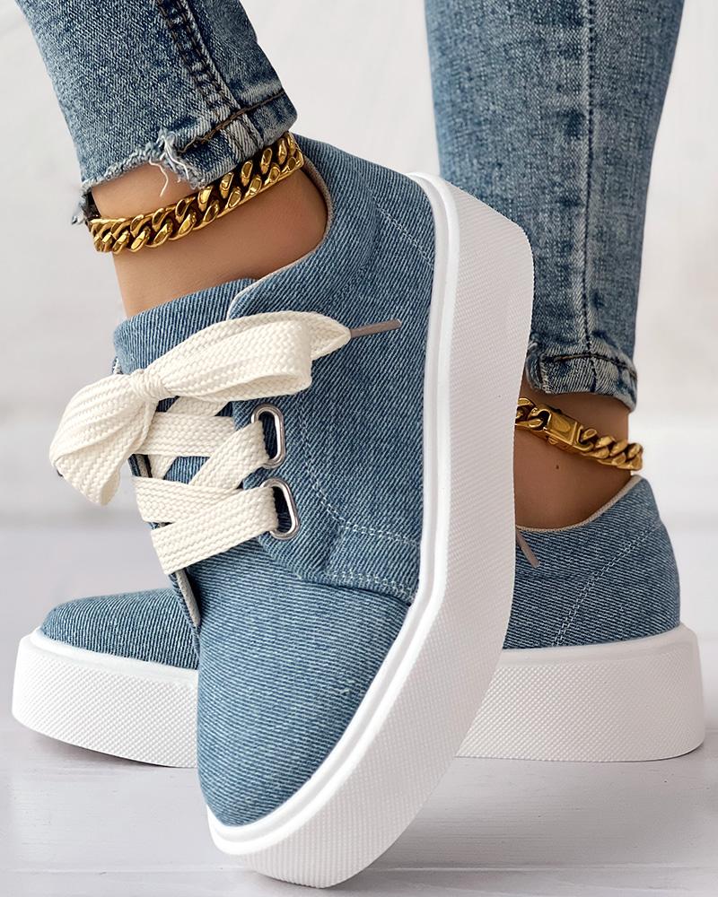 

Lace-up Eyelet Platform Canvas Sneakers, Blue