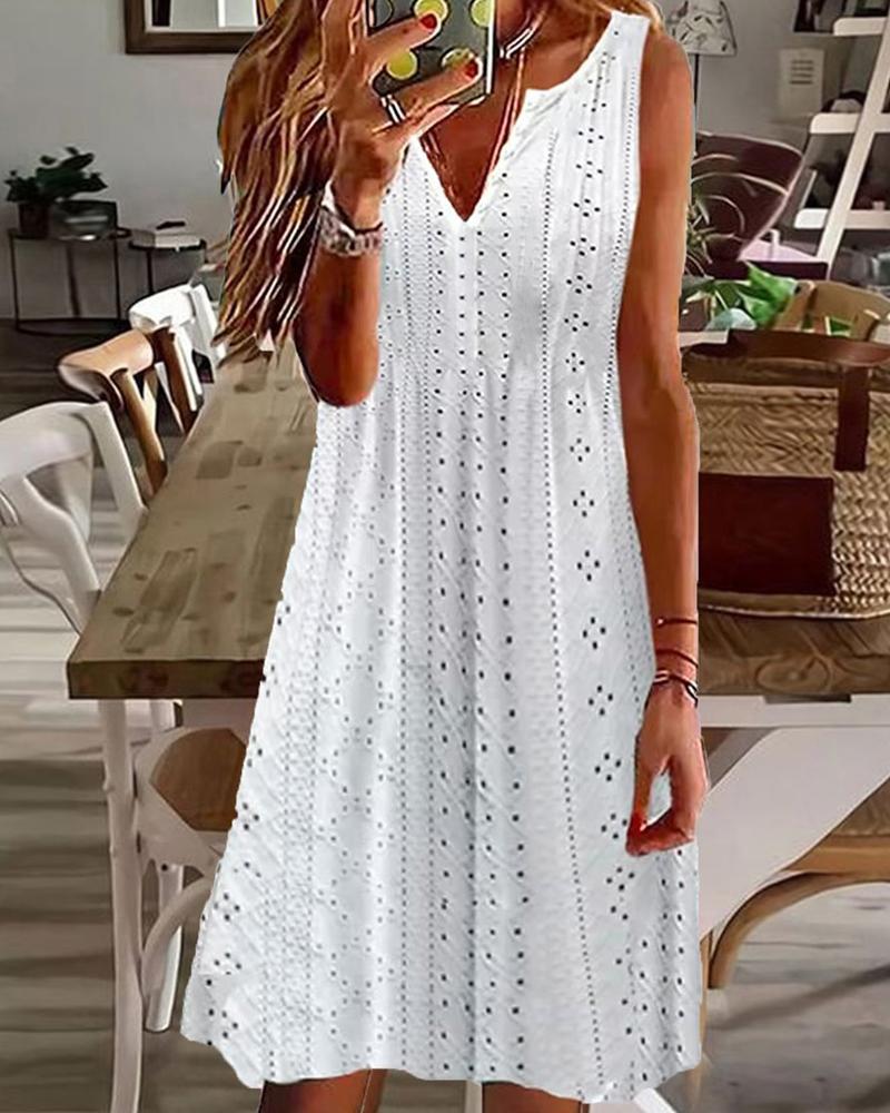 

Notch Neck Eyelet Embroidery Sleeveless Casual Dress, White
