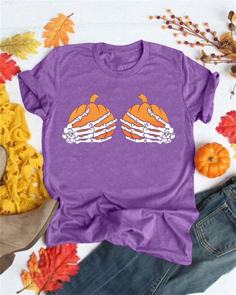 

Halloween Pumpkin Graphic Print Casual T-shirt, Dark purple