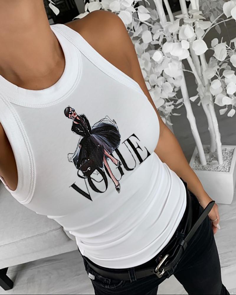 

Letter Graphic Print Tank Tops Summer Sleeveless Basic Cami Top Shirt Slim Knit Ribbed Racerback Women Blouses, White