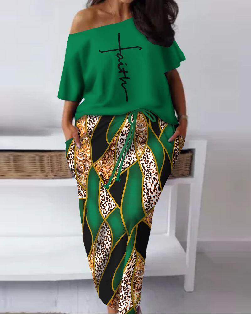 

Plus Size Faith Baroque Leopard Print Skew Neck Top & Drawstring Skirt Set, Green