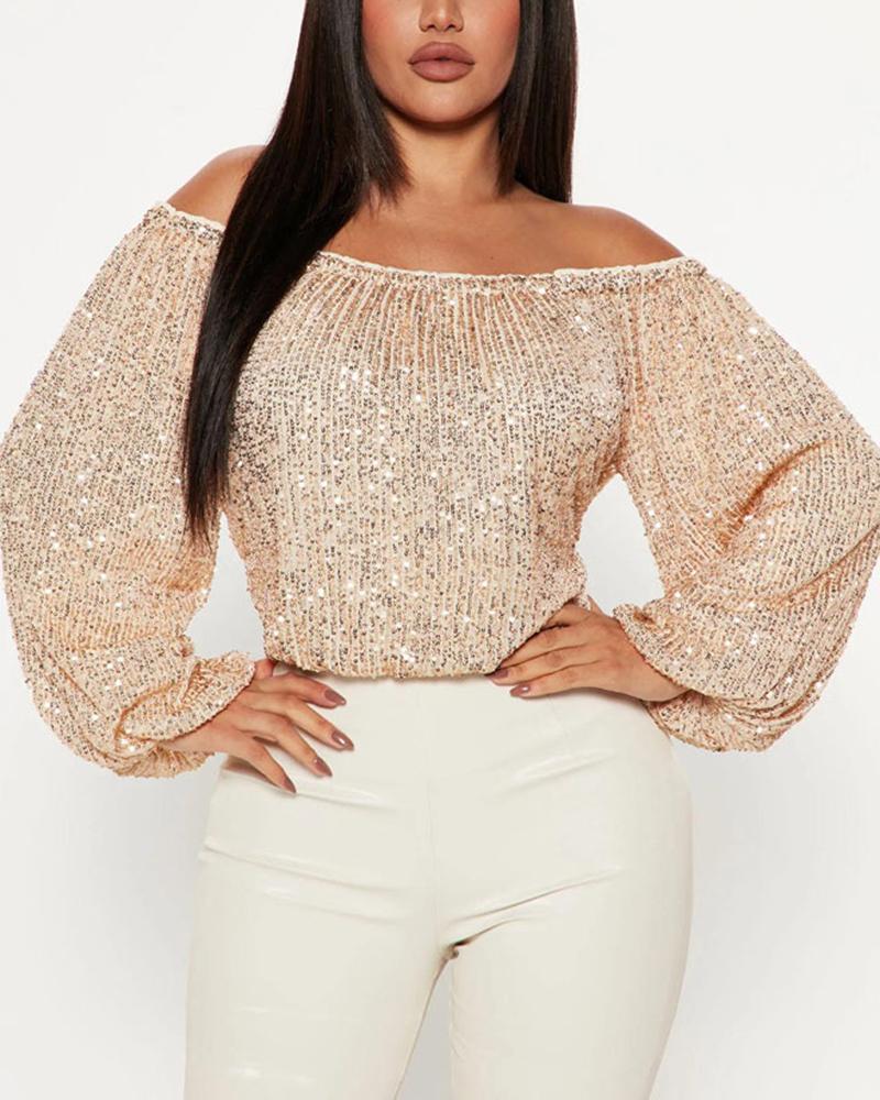 

Off Shoulder Lantern Sleeve Sequin Top, Apricot