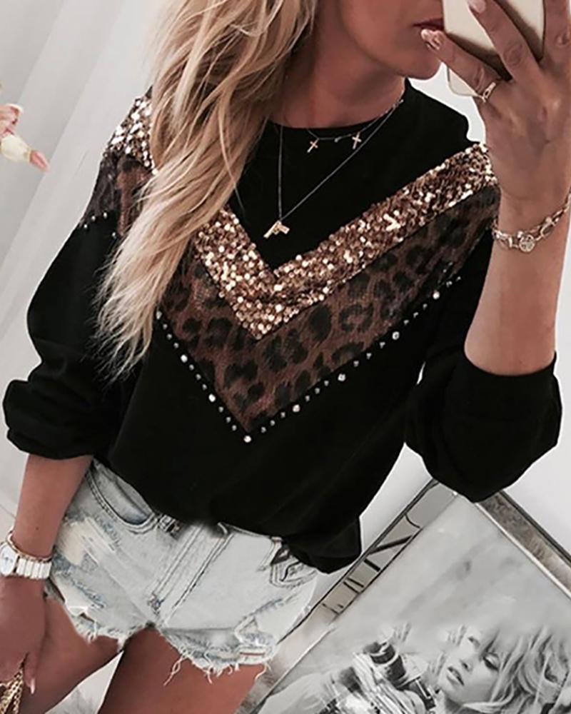 

Leopard Sequins Colorblock Insert Casual Blouse, Black