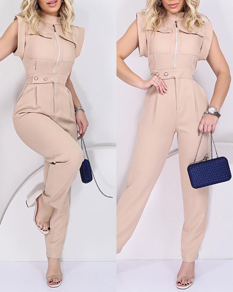 

Zipper Pocket Design Sleeveless Jumpsuit, Apricot
