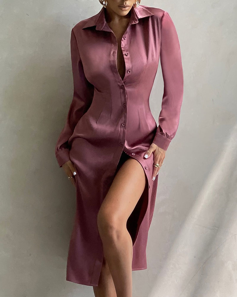

Solid Button Up Longline Satin Shirt Dress, Style1