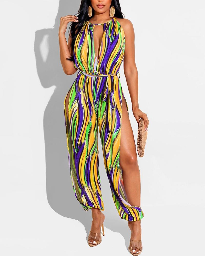 

Tie Dye Print High Slit Belted Jumpsuit, Yellow