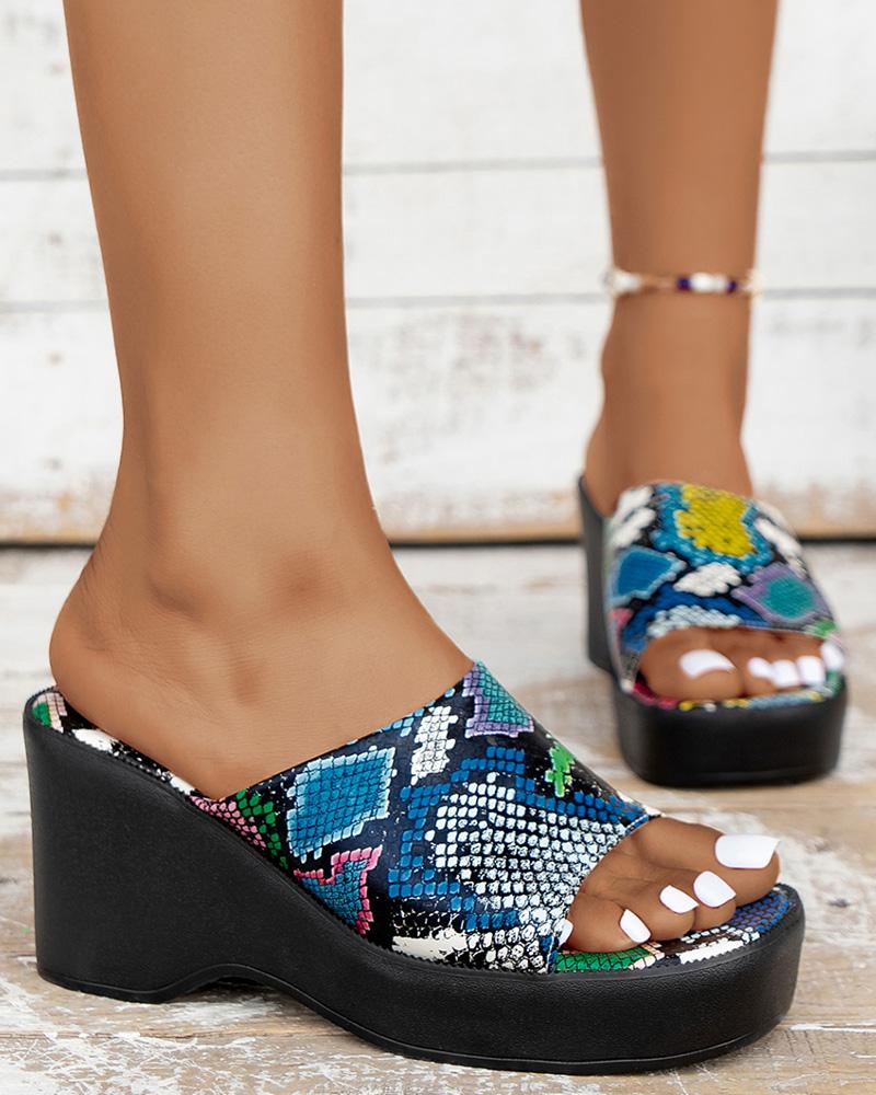 

Snakeskin Print Peep Toe Platform Wedge Slippers, Multicolor