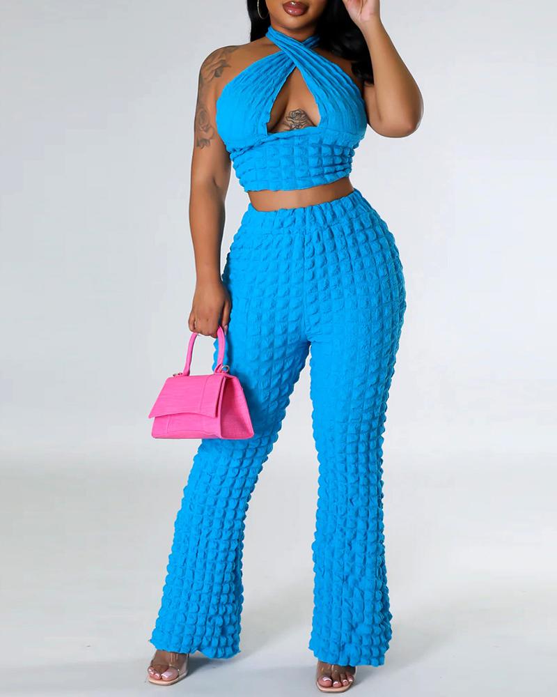 

Cross Halter Bubble Textured Crop Top & Pants Set, Blue