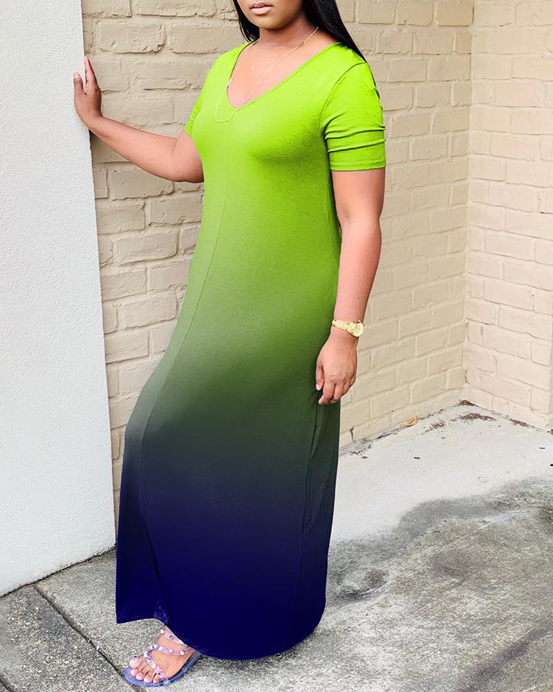 

Ombre Colorblock Short Sleeve Pocket Design Maxi Dress, Green