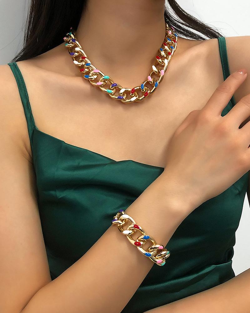 

1PCS Colorful Link Cuban Chain Necklace, Gold