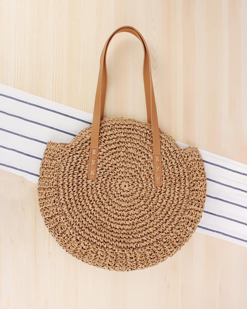 

Boho Woven Straw Round Rattan Shoulder Bags, Khaki