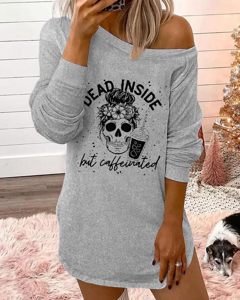 

Halloween Dead Inside Skull Coffee Print Casual Dress, Gray