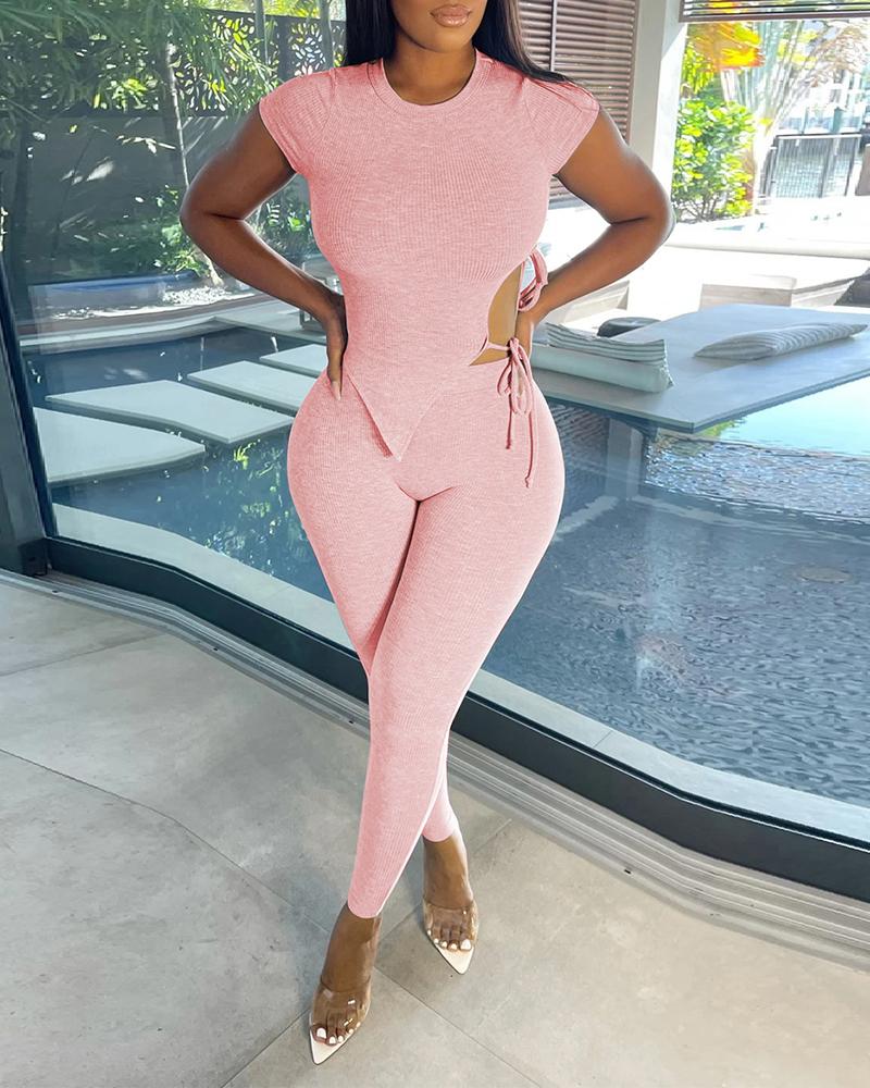 

Ribbed Asymmetrical Tied Detail Cutout Top & Pants Set, Pink